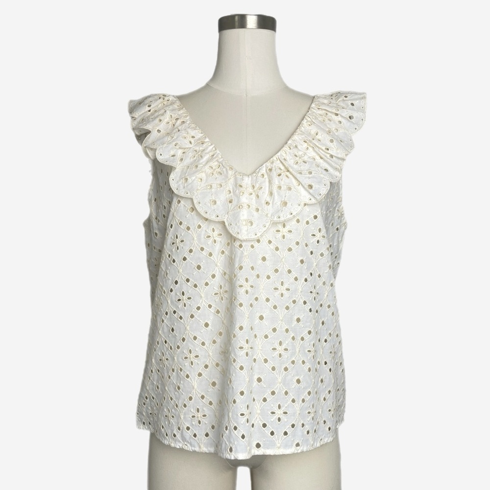 Sezane Eyelet Blouse in Ecru Cream Cotten Ruffle V neck collar sleeveless size 8